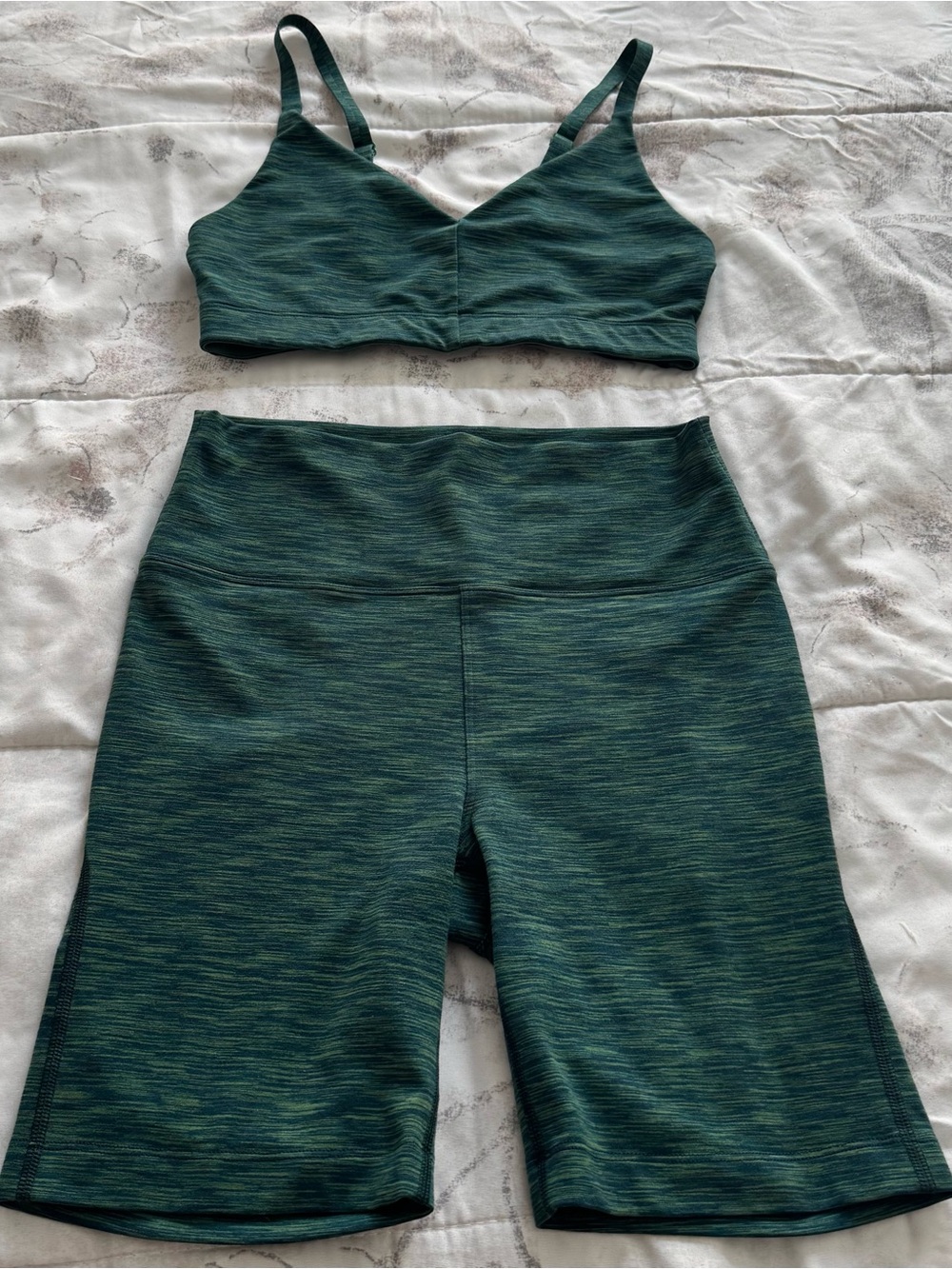 Outdoor Voices matching set of Dark Teal Heather Bike Shorts & sport bra, size S